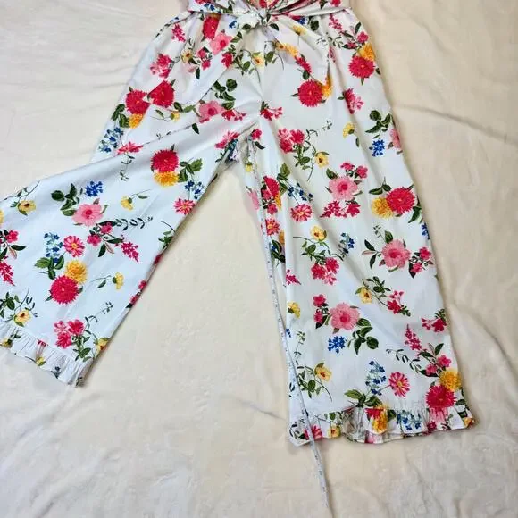 Gal Meets Glam Beverly Ruffle Floral Cotton Wide Leg Jumpsuit White Women’s 4 - Picture 9 of 16